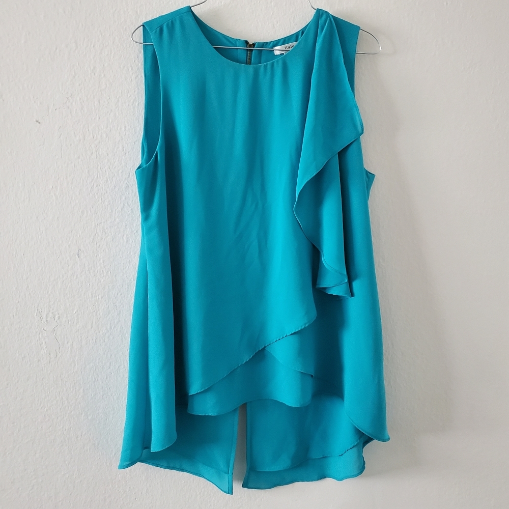 ESLEY Turquoise Flowy Ruffle Layered High Low Back Slit Sleeveless Blouse Tank